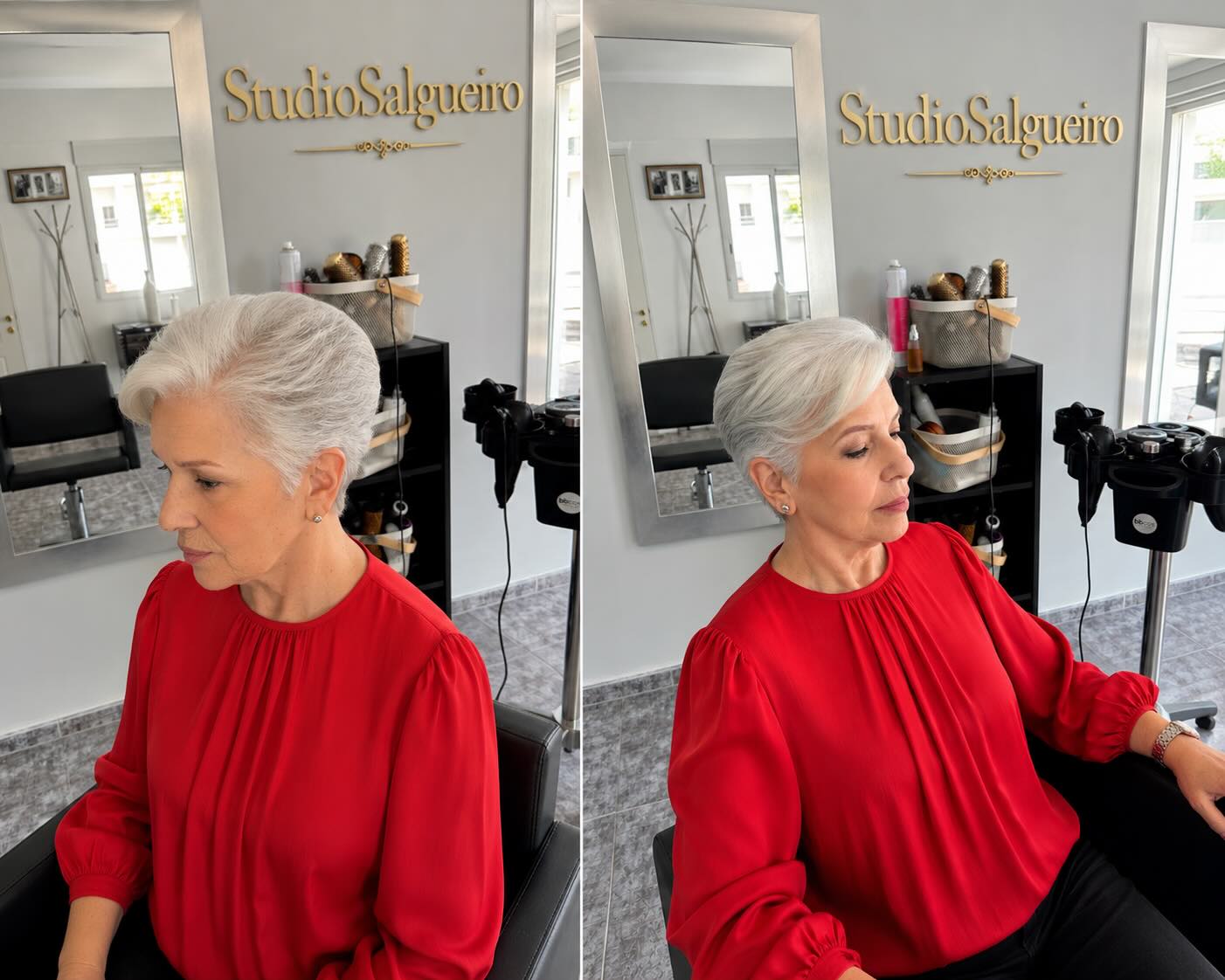 Corte corto gris en dos imágenes, de perfil y de frente, en el salón